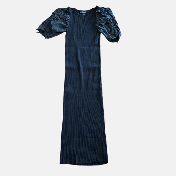 Anthropologie En Saison Fitted Maxime Midi Dress Puff Sleeves Black Size Medium - Picture 6 of 11